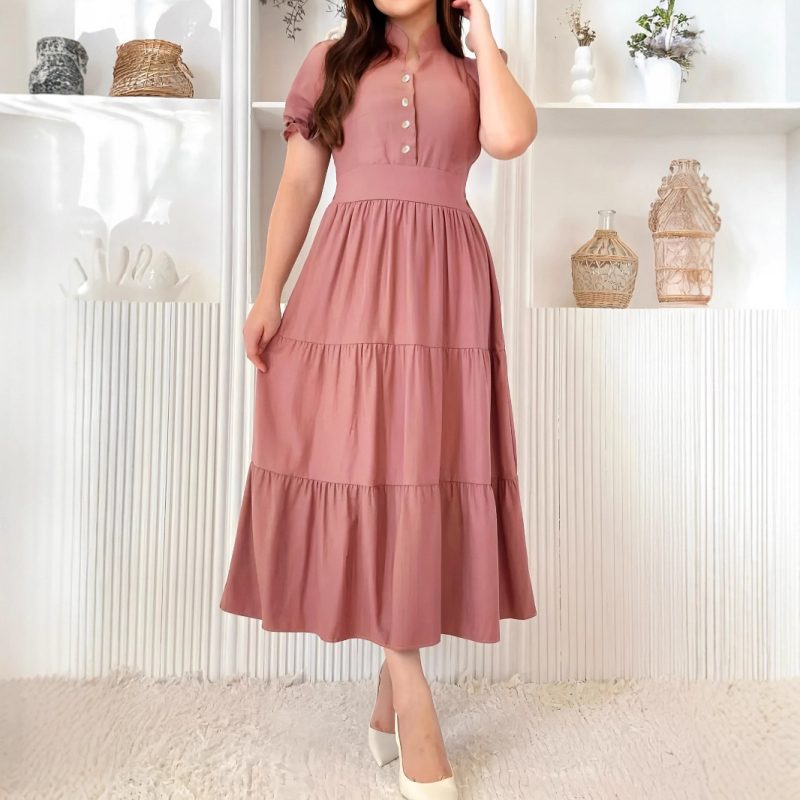 Solid Color V-Neck Button A-Line Dress
