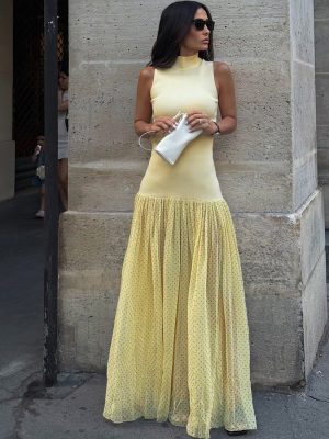 Summer Polka Dot Patchwork High Collar Maxi Dress