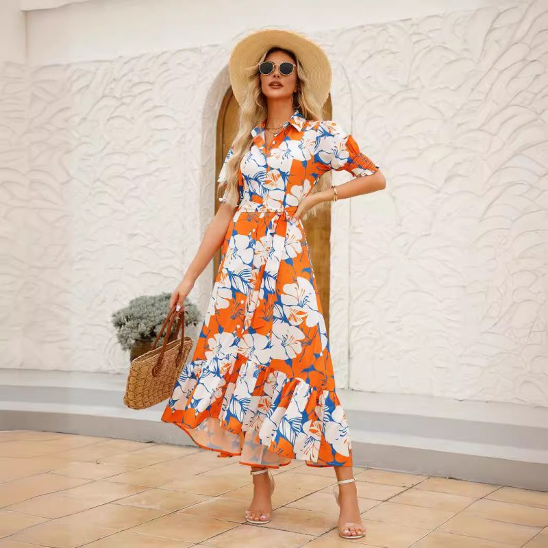 Summer Printed Polo Collar Lace-Up Waist Dress - Image 4