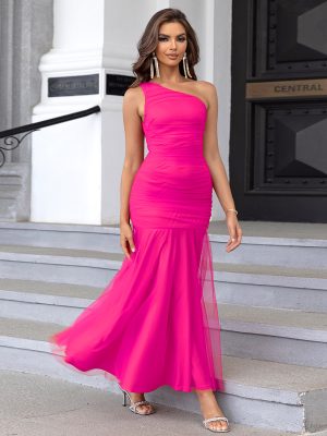 Off Shoulder Pleated Mesh Overlay Party Dress