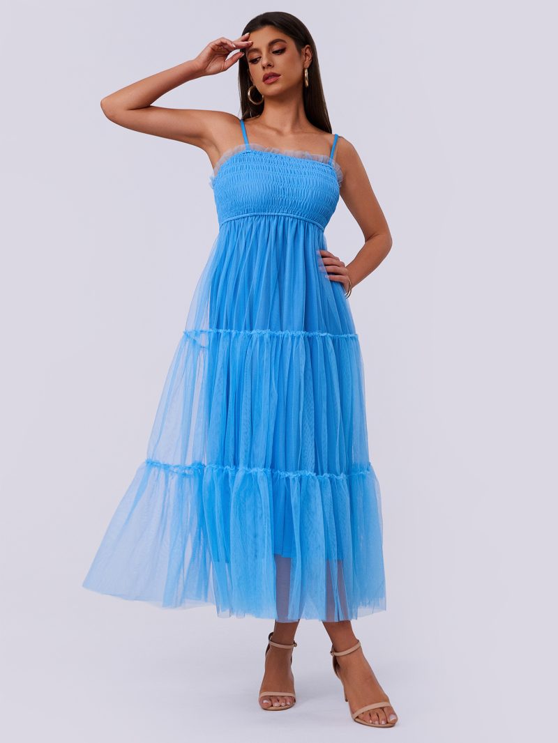 Women’s Pleated Mesh Stitch Short Sleeve Dress - Image 3