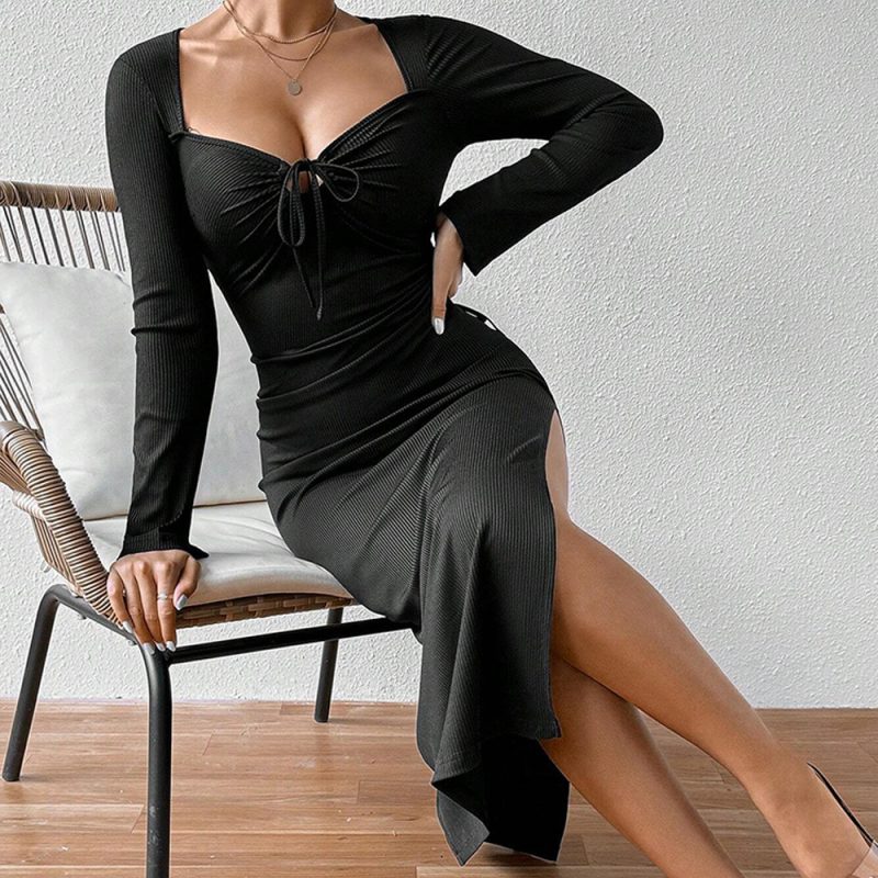 Autumn Winter Square Neck Slit Midi Dress
