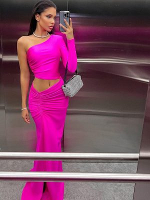 Trendy Women’s Oblique Shoulder Pleated Mid-Length Dress