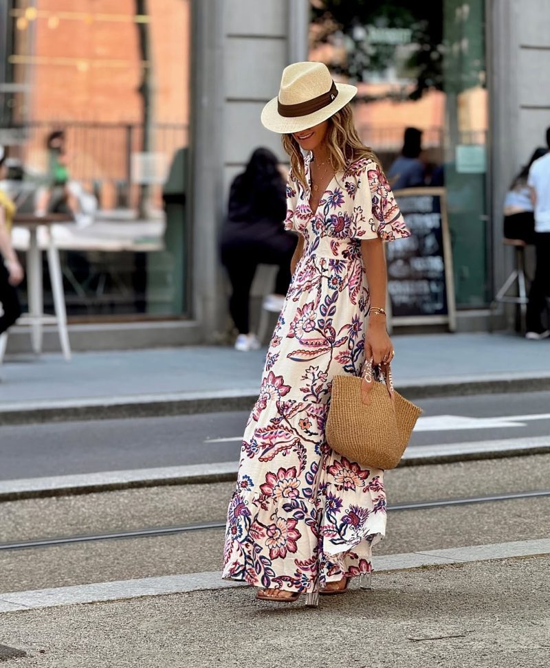 V-Neck Printed Ruffled Short Sleeve Vacation Dress - Image 4