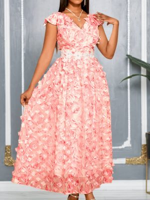 Elegant Women’s V-Neck Floral Flounce Cocktail Dress
