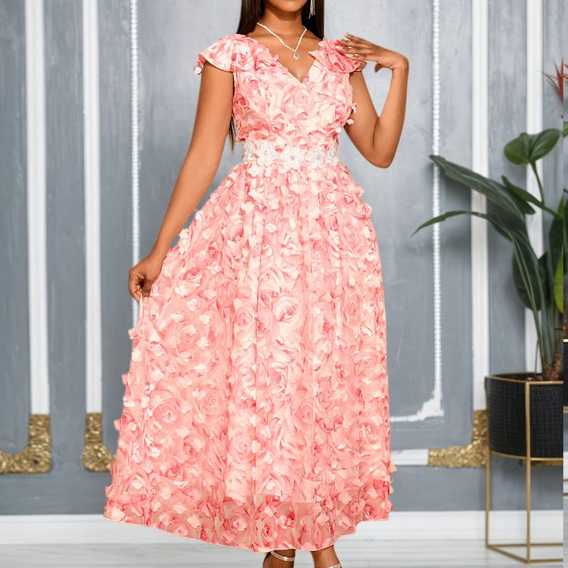 Elegant Women’s V-Neck Floral Flounce Cocktail Dress