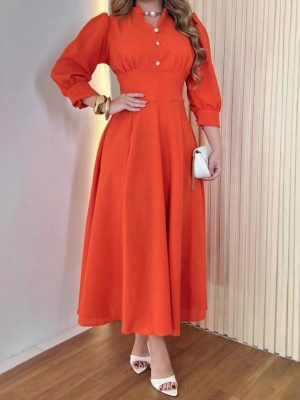 Solid Color V-Neck Button A-Line Dress
