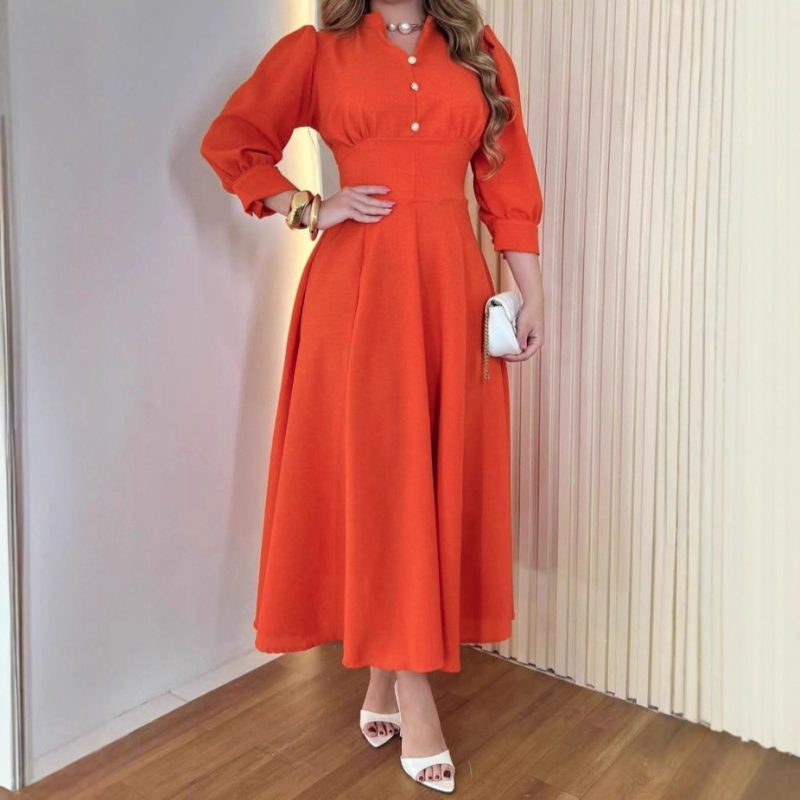 Solid Color V-Neck Button A-Line Dress