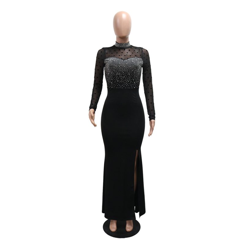 Mesh Patchwork Long Sleeve Slim Fit Formal Dress - Image 3