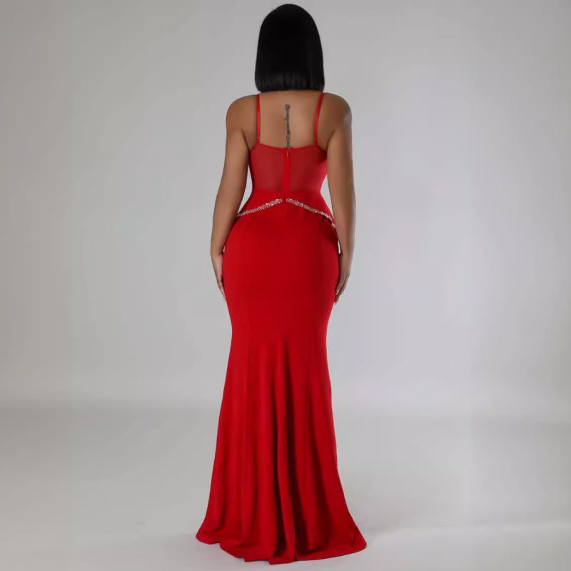 Rhinestone Mesh Lace Hip Elastic Sling Dress - Image 2