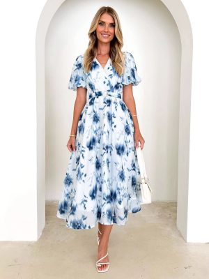Spring Autumn Short Sleeve Solid Floral Dress