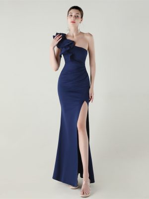 Women’s One Shoulder Satin High Slit Evening Dress