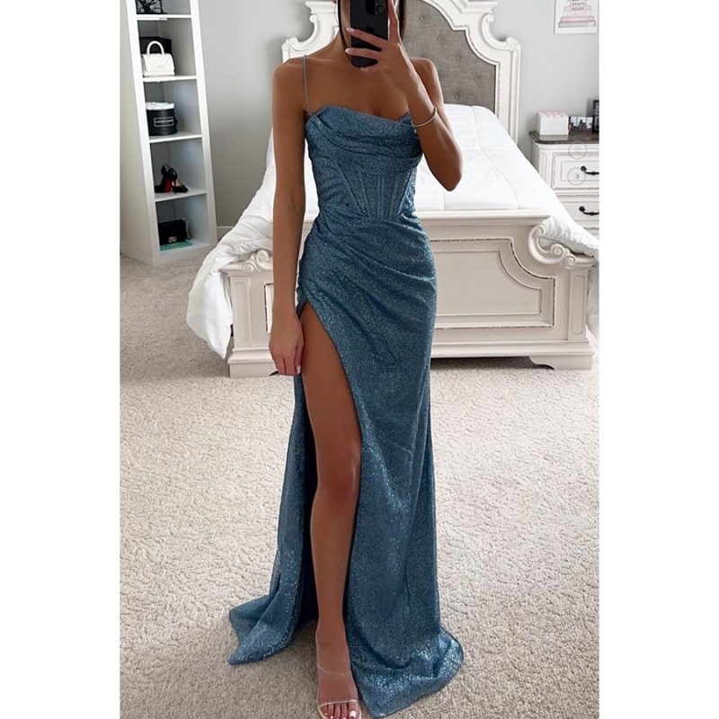 Women’s Casual Party Suspender Dress with Side Slit