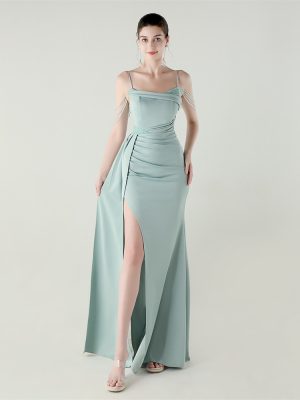 Beaded Satin Chain Fishtail Evening Dress