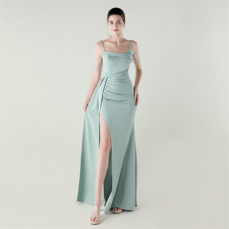 Beaded Satin Chain Fishtail Evening Dress