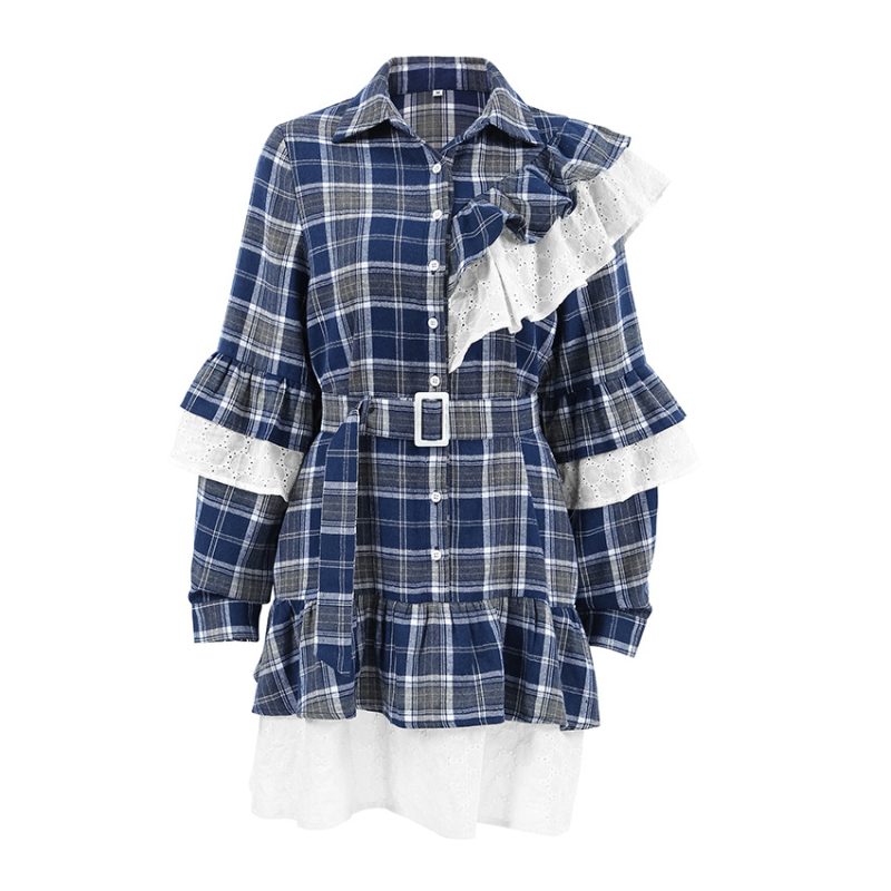 Retro Plaid Ruffled Asymmetric Short Dress - Image 3