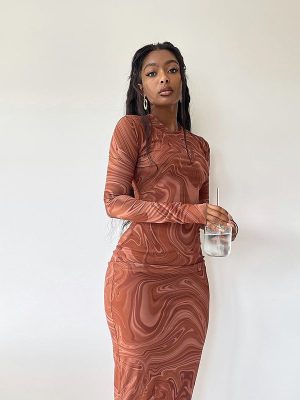 Autumn Winter Printed Round Neck Slim Midi Dress