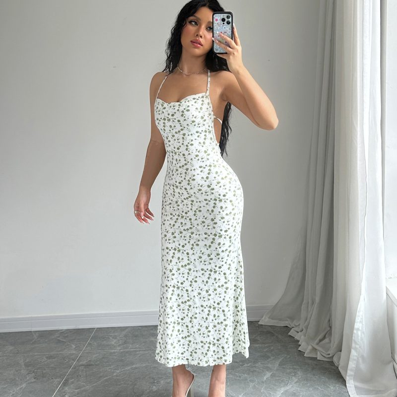 Floral Halter Backless Sleeveless Split Midi Dress - Image 2