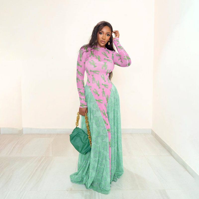 Women’s Autumn Retro Mesh Contrast Color Printed Dress - Image 2