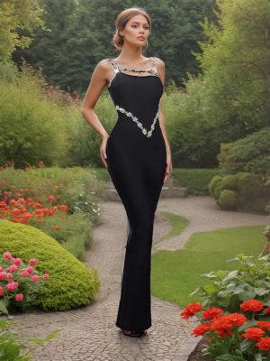 Beaded Rhinestone Sheath Dinner Sling Dress