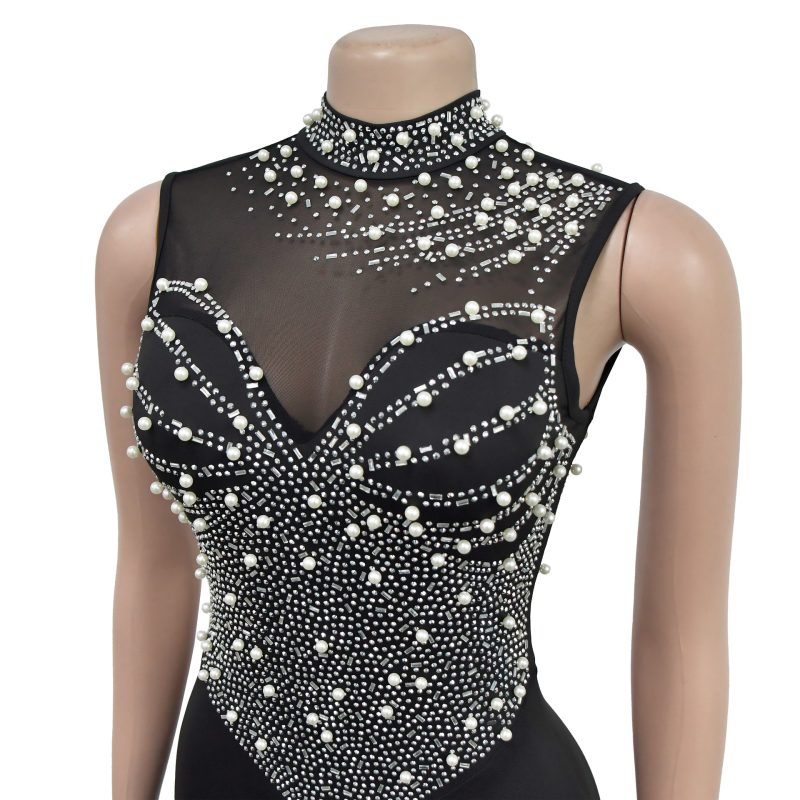 Women’s Sleeveless Mesh Rhinestone Solid Maxi Dress - Image 3