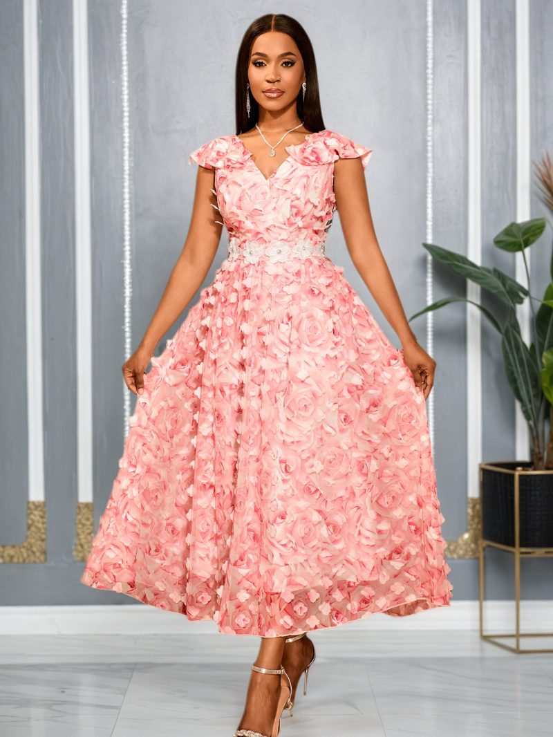 Elegant Women’s V-Neck Floral Flounce Cocktail Dress - Image 2