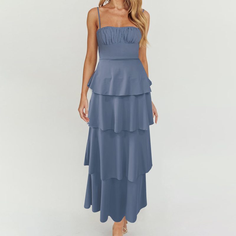 Backless Suspender Layered Pleated Lace-Up Dress - Image 2