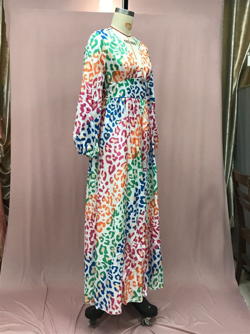 Women’s Leopard Print Deep V Lantern Sleeve Maxi Dress - Image 3