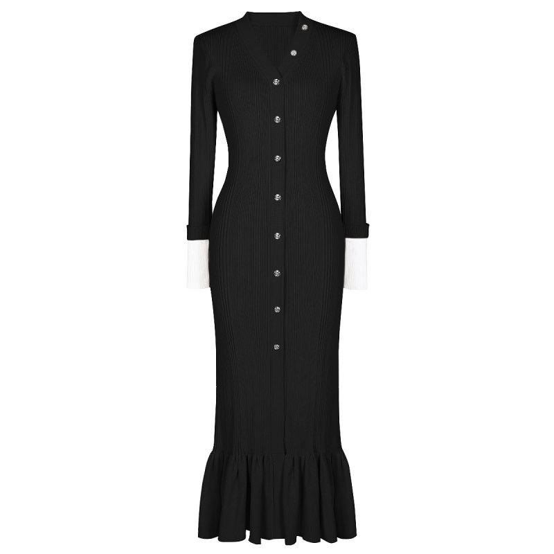Women’s Knitted V-Neck Slim Fit Long Dress - Image 2