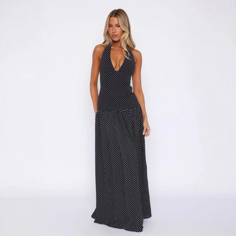Fashionable Polka Dot V-Neck Summer Gown