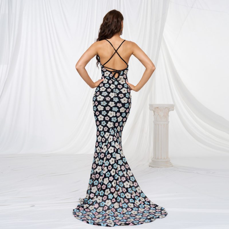 Women’s Sequin V-Neck Sheath Fishtail Evening Dress - Image 3