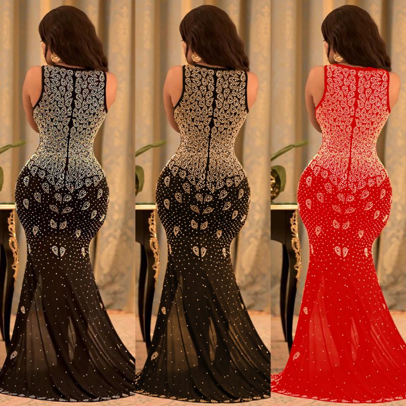 Elegant Women’s Mesh Rhinestone V Neck Party Dress - Image 2