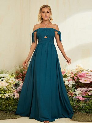 Elegant Off-Shoulder Belted Slim Evening Dress Women