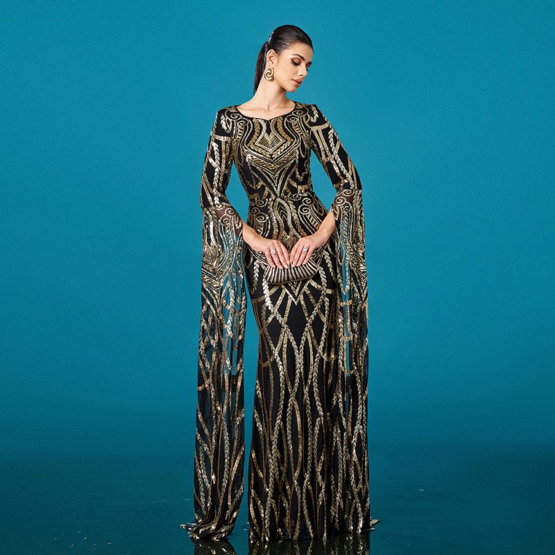 Women’s Long Sleeve Sequin Round Neck Fishtail Dress - Image 4