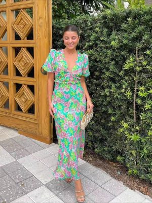 Stylish French V-Neck Puff Sleeve Midi