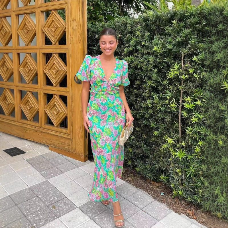 Stylish French V-Neck Puff Sleeve Midi