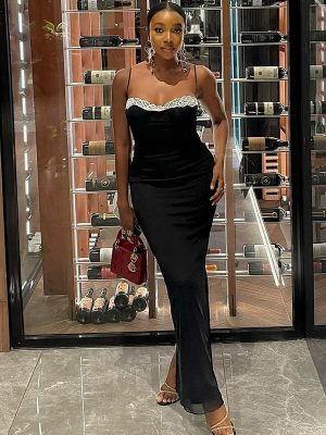Elegant Backless Pleated Contrast Color Sling Dress