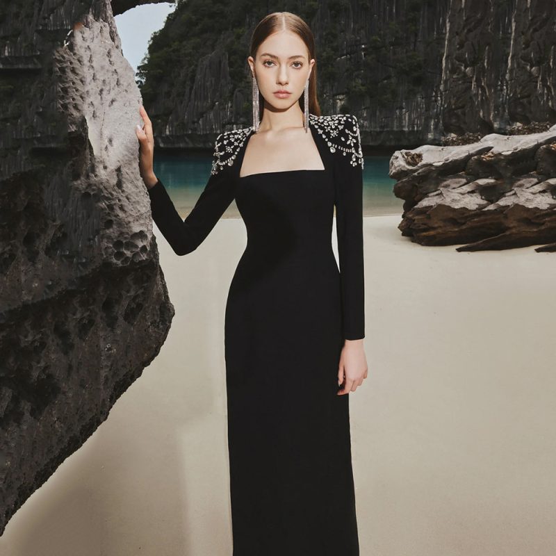 Elegant Square Neck Diamond Long Sleeve Bandage Dress - Image 2