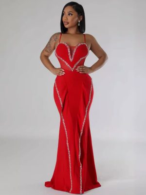 Rhinestone Mesh Lace Hip Elastic Sling Dress