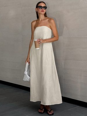 Spring Vacation Khaki Cotton Linen Backless Dress