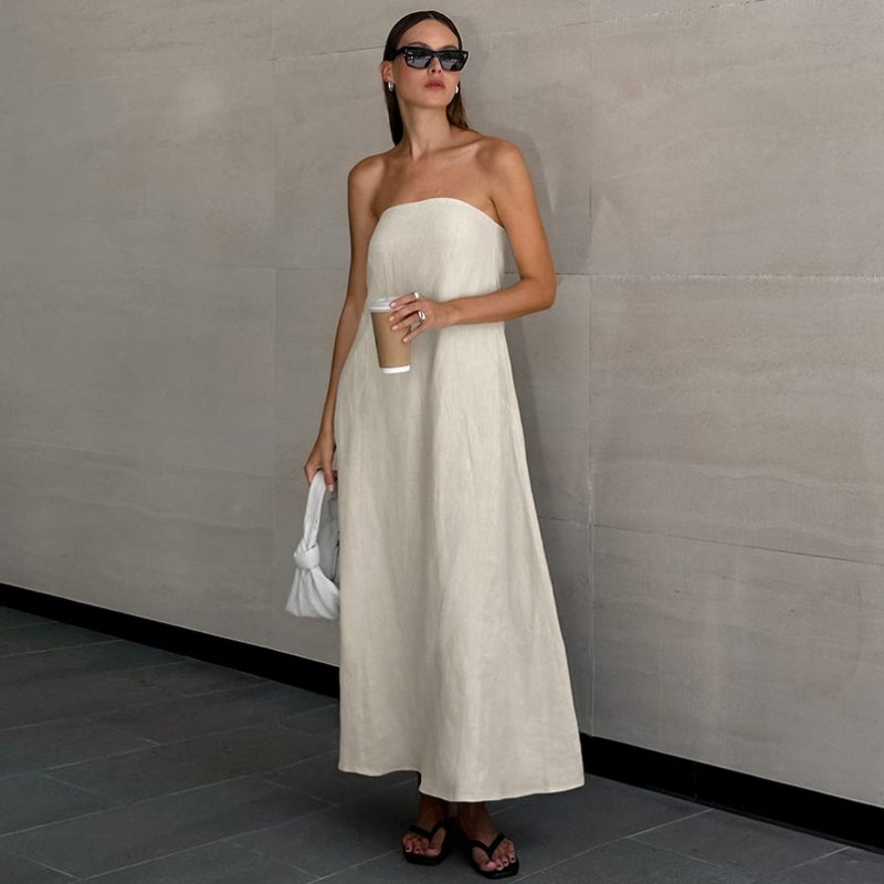 Spring Vacation Khaki Cotton Linen Backless Dress