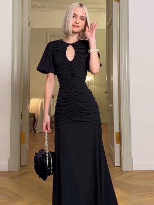 Elegant Short Sleeve Slimming Pleated Waist Maxi Dress
