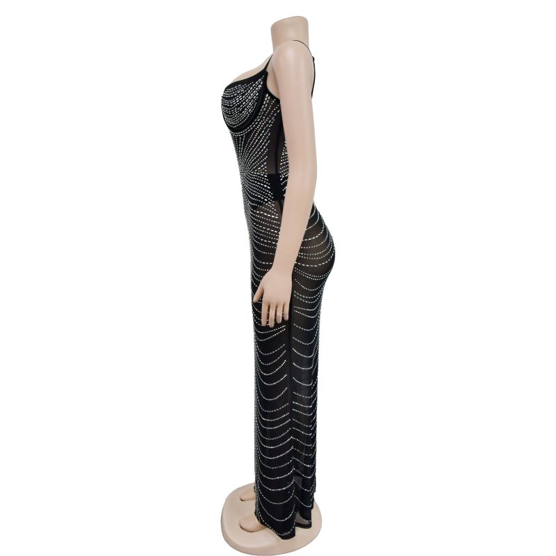 Solid Color Mesh Sling Maxi Dress with Rhinestones - Image 3