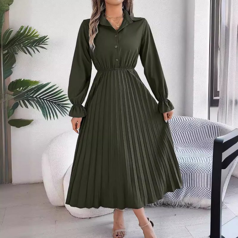 Autumn Winter Collared Buttoned Pleated Maxi Dress - Image 3
