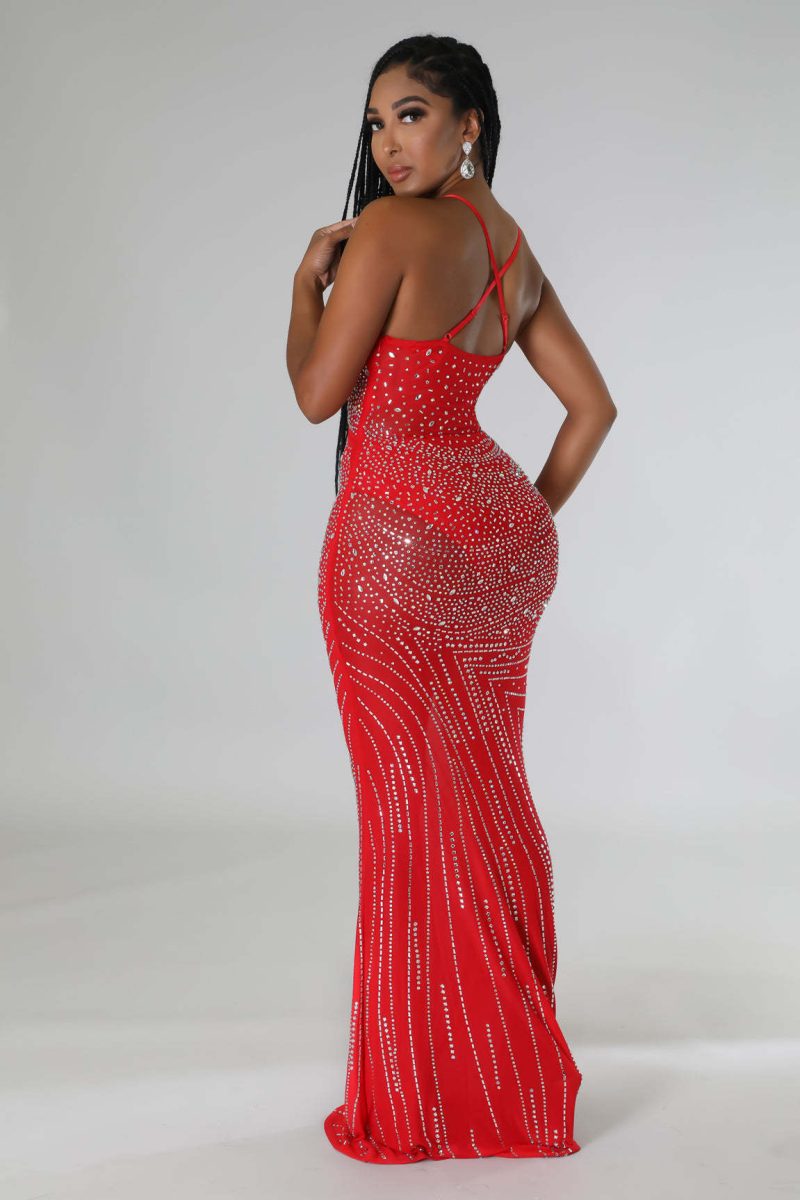 Women’s One Shoulder Rhinestone Sheer Evening Dress - Image 2
