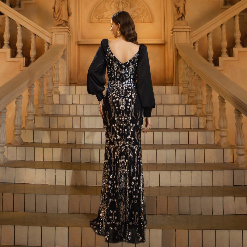 Women’s Sequin Square Neck Long Sleeve Evening Dress - Image 2
