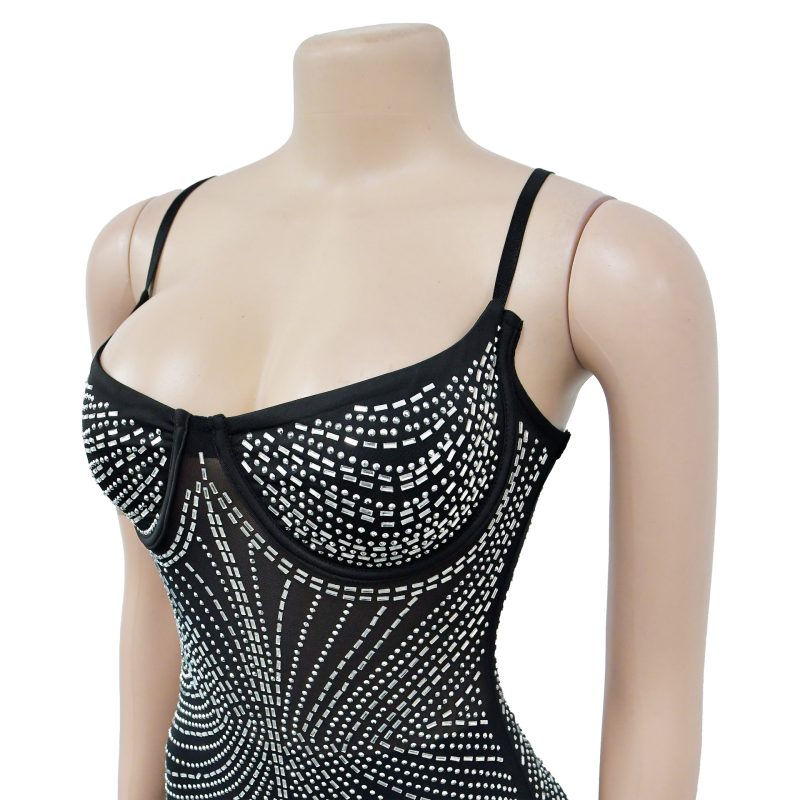 Solid Color Mesh Sling Maxi Dress with Rhinestones - Image 4