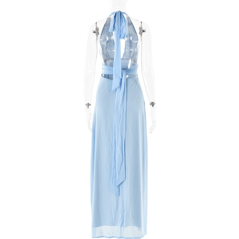 Trendy Backless Halter Strap V-Neck Maxi Dress Women - Image 3