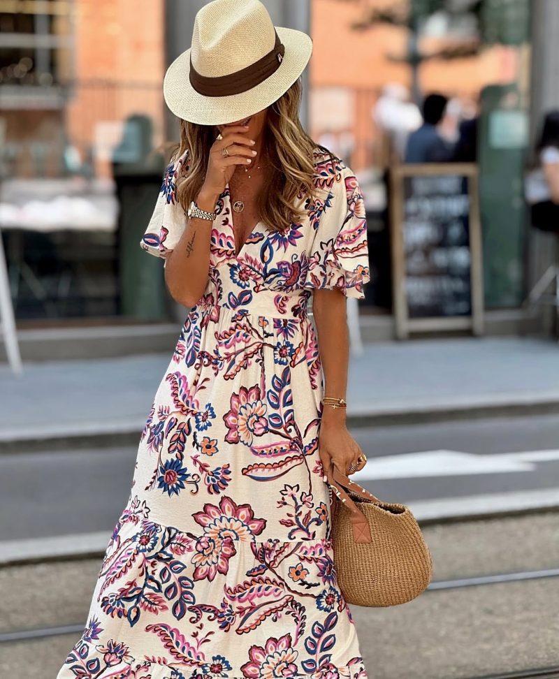 V-Neck Printed Ruffled Short Sleeve Vacation Dress - Image 2