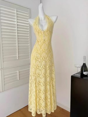 High-Grade French V-Neck Lace Halter Maxi Dress